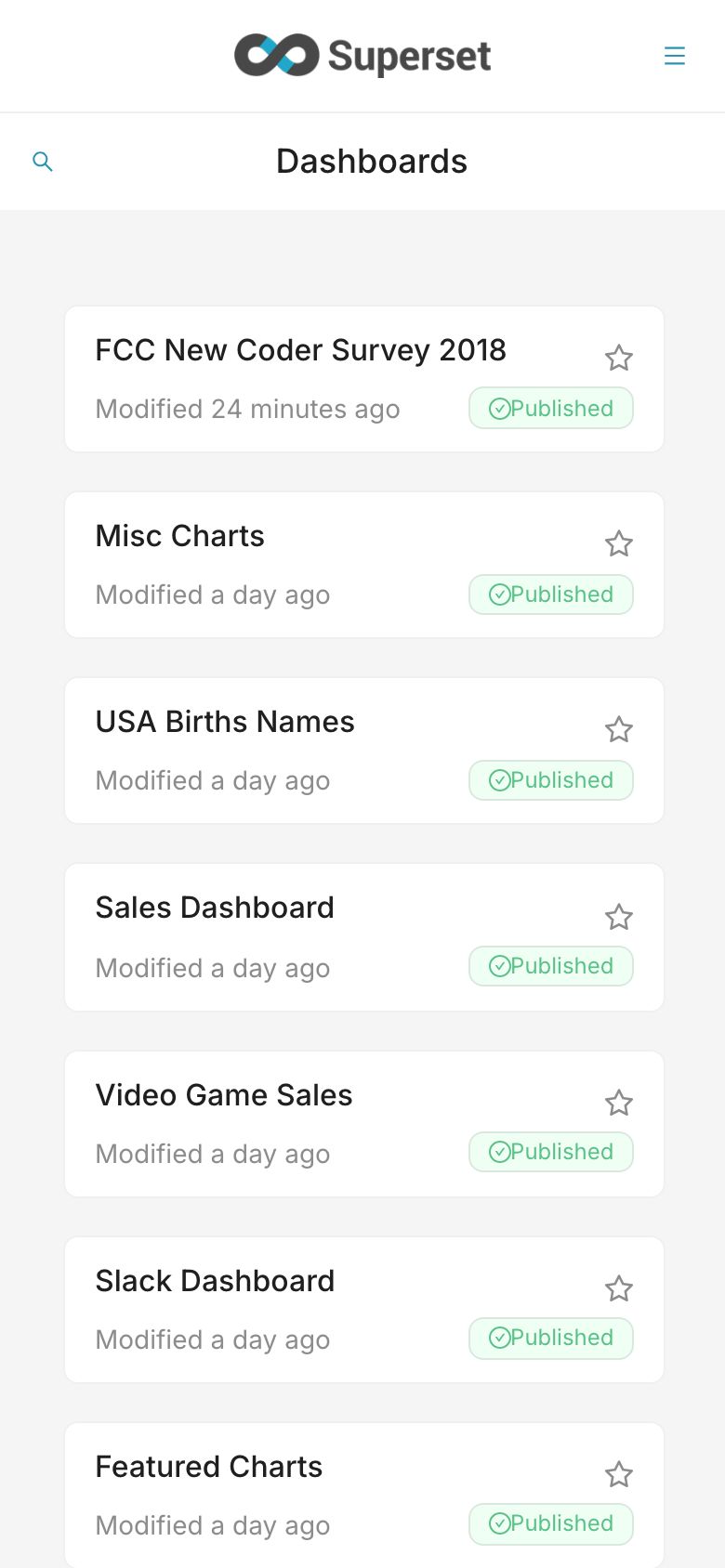 The dashboard list in card view on mobile